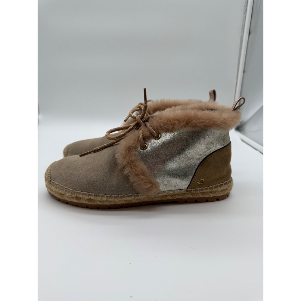 Coach‎ G4799 Shearling Trim Suede Espadrille Lug Sole Ankle Boots Tan Silver 10B